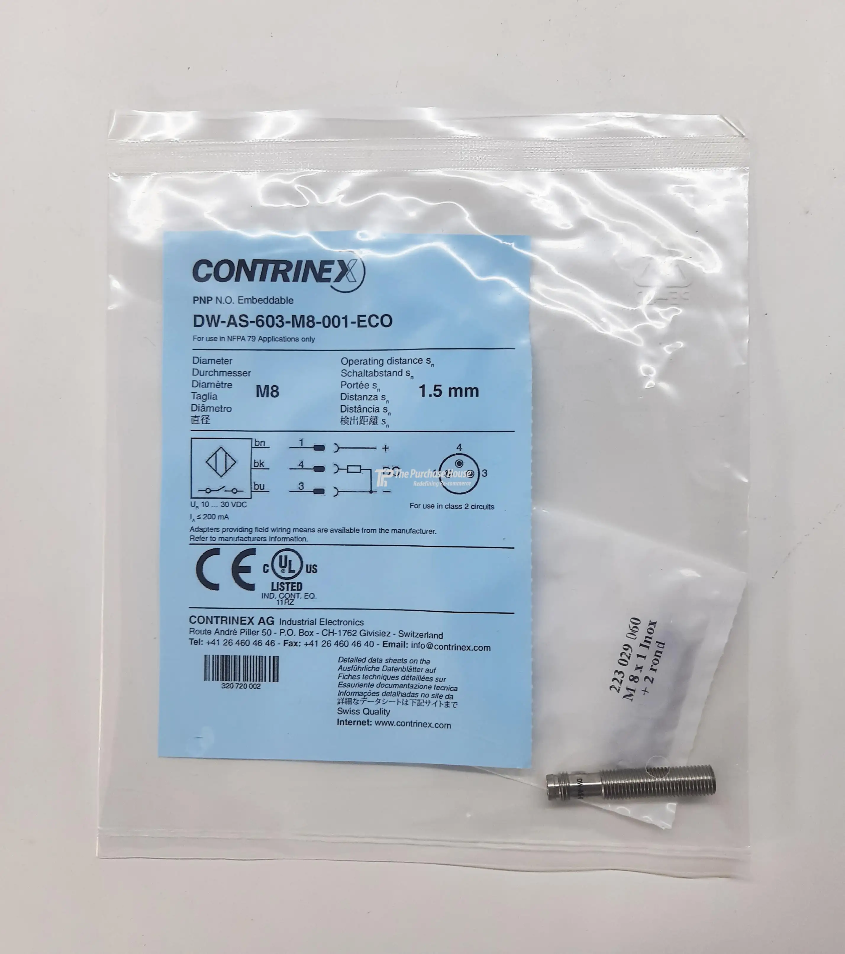 CONTRINEX DW-AS-603-M8-001-ECO INDUCTIVE SENSOR, M8, 1.5MM, PNP NO