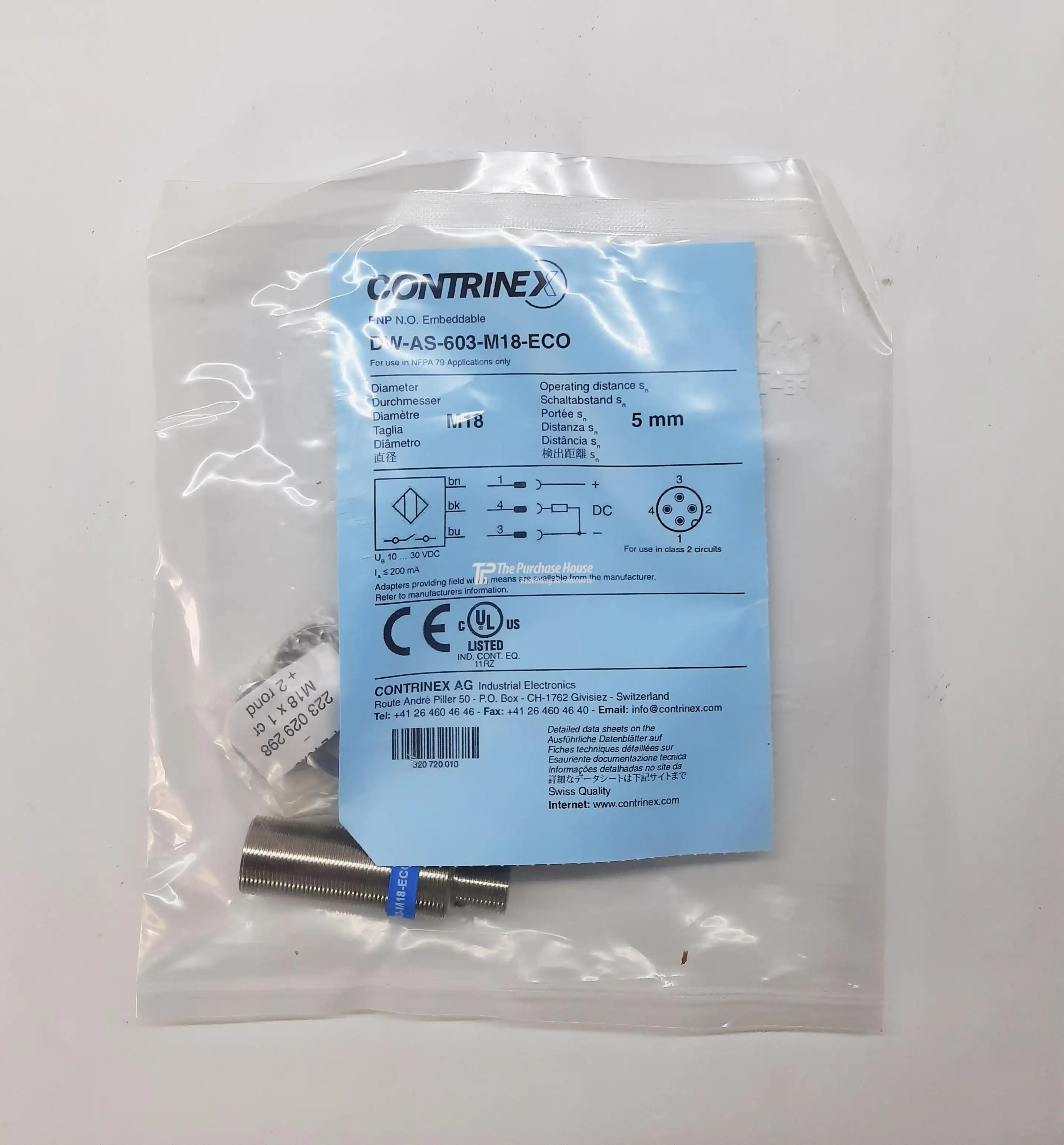 CONTRINEX DW-AS-603-M18-ECO INDUCTIVE SENSOR 18 MM THREADED PNP NO 5MM SENSING