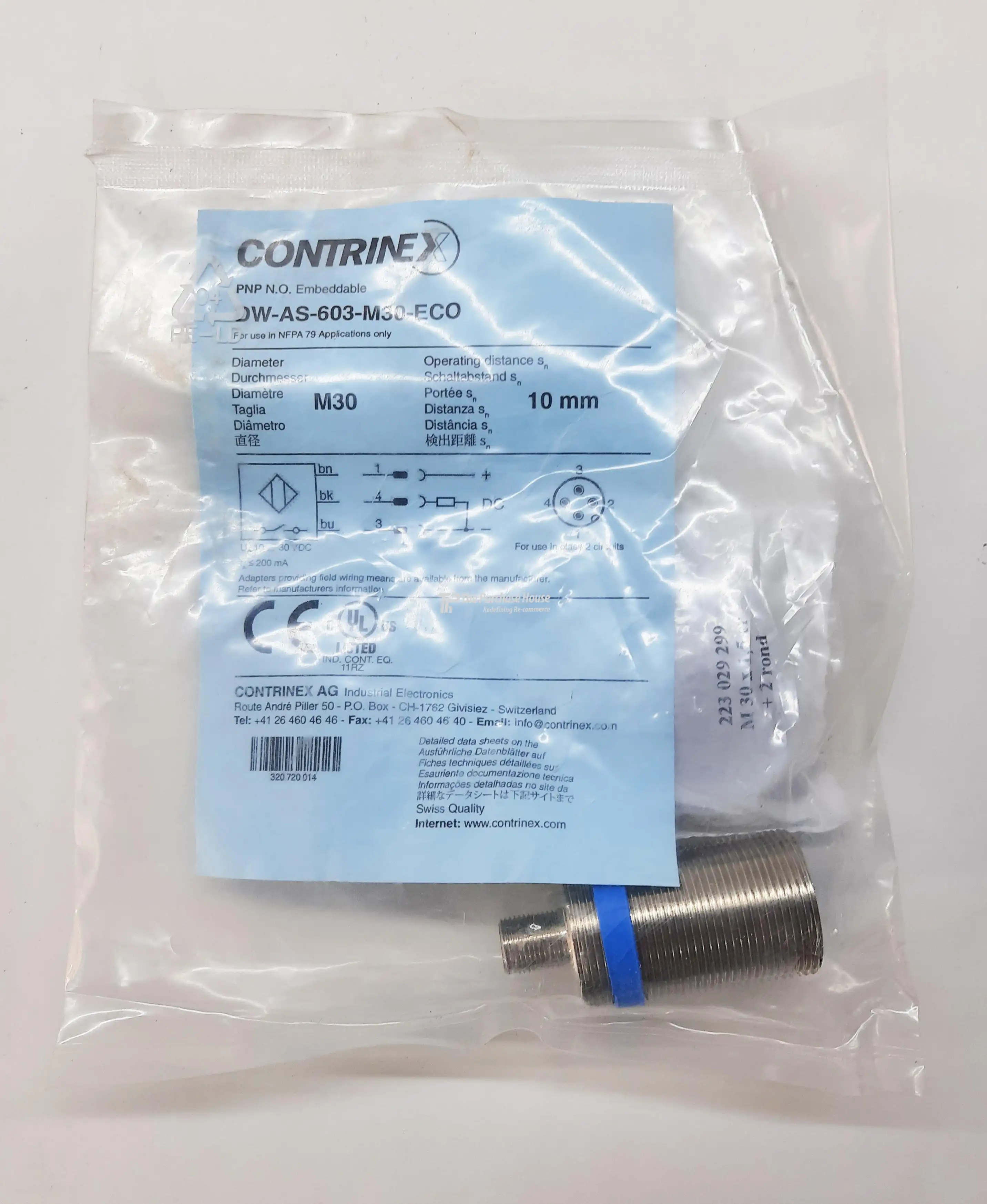 CONTRINEX DW-AS-603-M30-ECO INDUCTIVE SENSOR 30 MM THREADED PNP NO 10MM SENSING